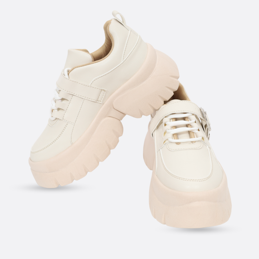 Zapatillas Plataforma Hebilla Beige Mujer 879