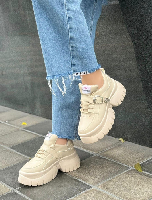 Zapatillas Plataforma Hebilla Beige Mujer 879